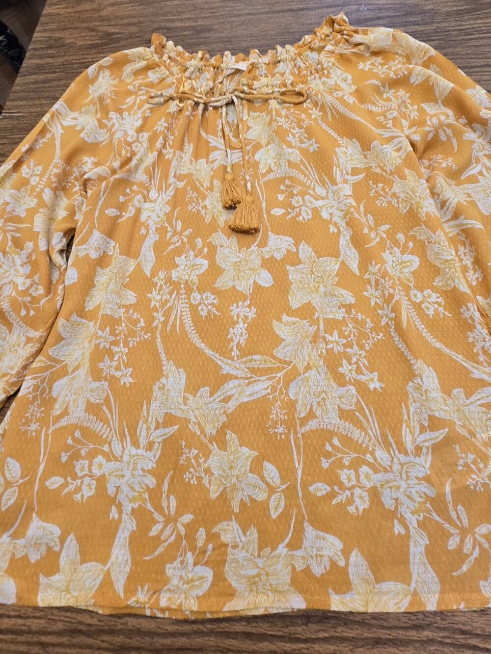 MARFINNO Women's Yellow/White Drawstring Neckline Floral Long Sleeves Blouse LG